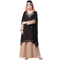 Party wear double layered Embellished abaya- Black-Skin color
